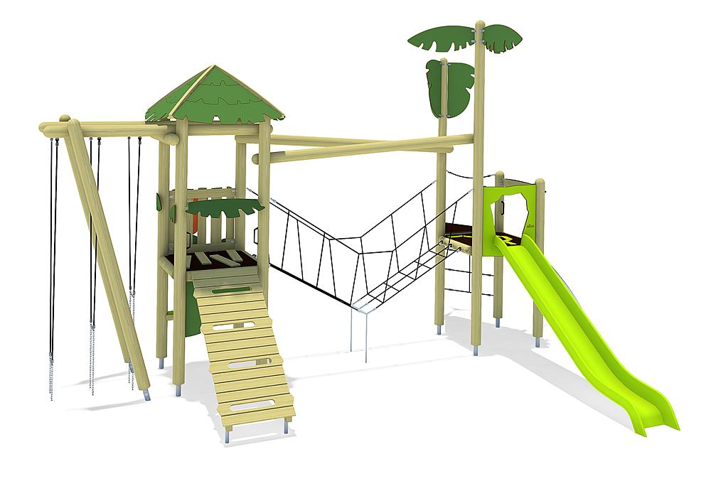 Spielanlage Balta von eibe eignet sich mit seinen palmenförmigen Pfosten und Lianen-artigen Kletterseilen perfekt für einen Themenspielplatz im Dschungel-Design.