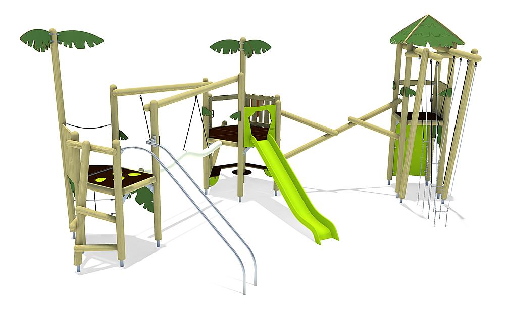 Spielanlage Isla de Patos von eibe eignet sich mit seinen palmenförmigen Pfosten und Lianen-artigen Kletterseilen perfekt für einen Themenspielplatz im Dschungel-Design.