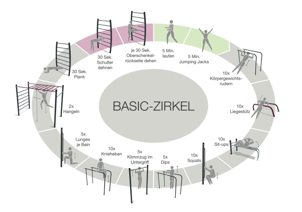 Zirkeltraining – Ein Diagramm von eibe zur Anleitung für einen Basic-Zirkel.