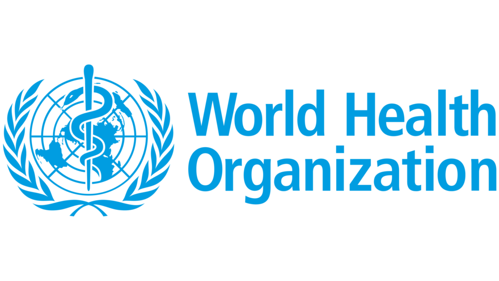 WHO Bewegungsempfehlung – Das hellblaue Logo der WHO, das aus einem Äskulapstab mitsamt Schlange vor einer Weltkugel besteht, welche von einem Lorbeerkranz umfasst ist.