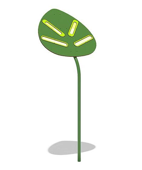 Spielplatzgestaltung – Eine grüne Säule in Blattform, die als Schattenspender genutzt werden kann.